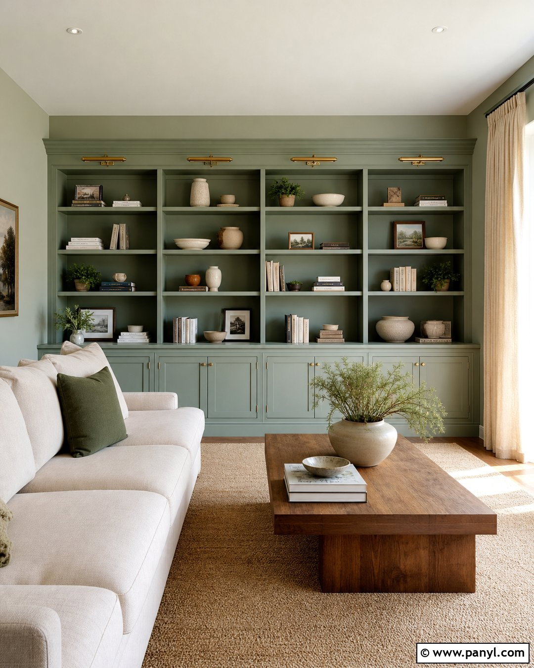 Pale Green Living Room With Built-In Shelves - 25 Pale Green Living Room Walls