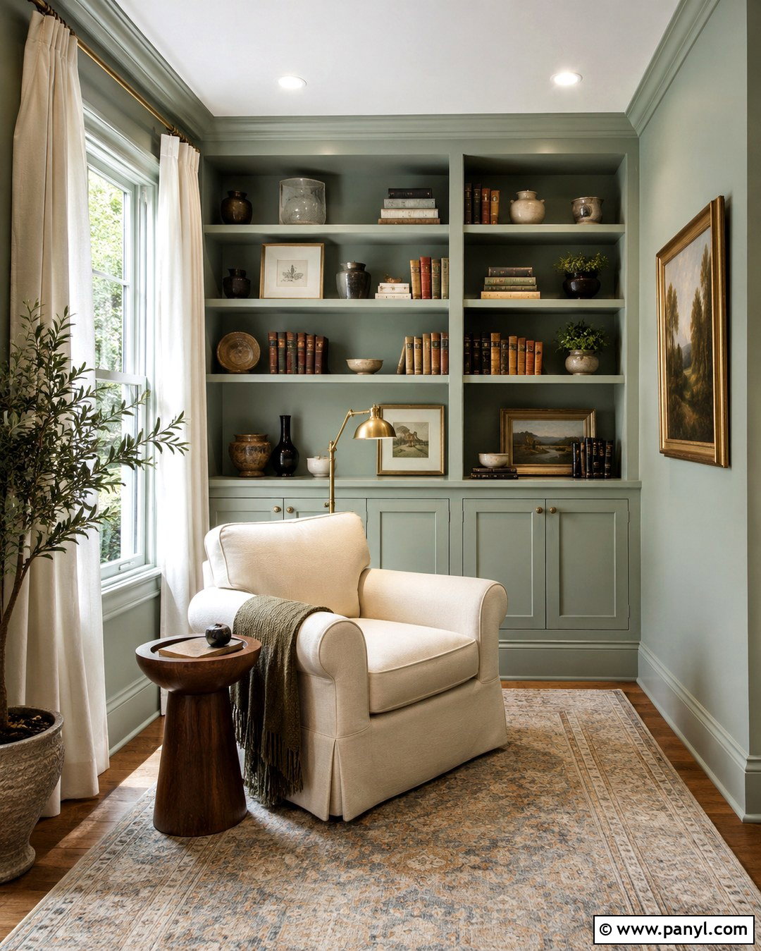 Pale Green Reading Nook Walls With Built-In Shelves - 20 Pale Green Wall Color Ideas