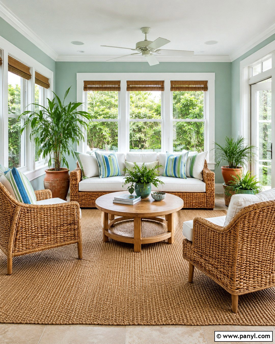 Pale Green Sunroom Walls With Rattan Furniture - 20 Pale Green Wall Color Ideas