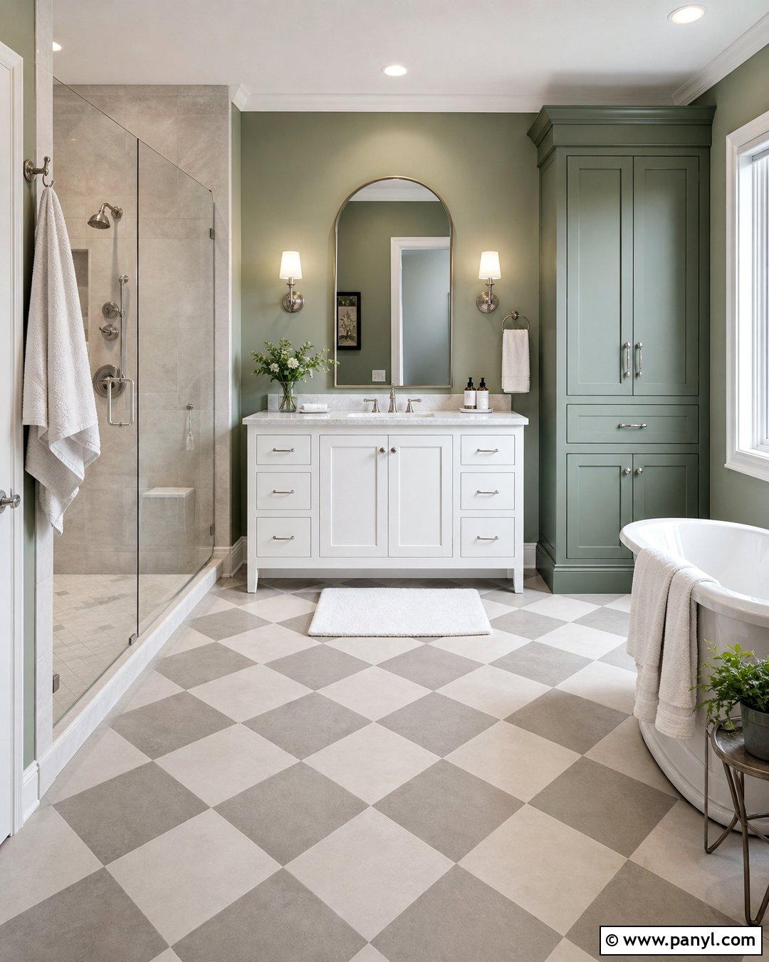 Pale Green Walls With Gray Checkerboard Tiles - 20 Grey Tiles Green Walls