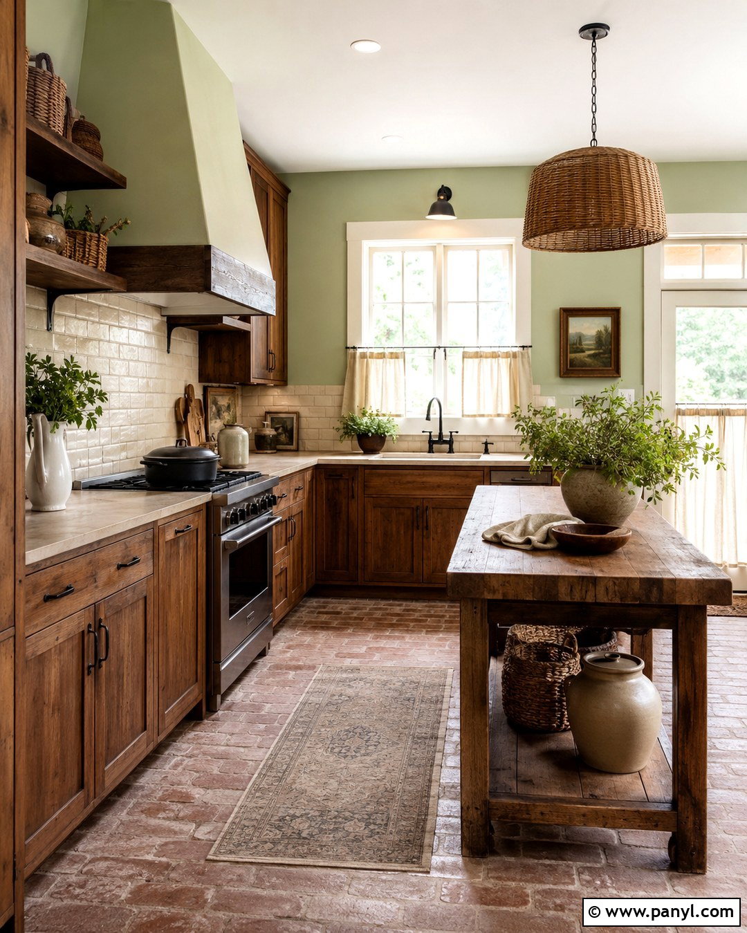 Pale Green Walls With Rustic Brown Cabinets - 20 Green Wall Brown Cabinet Kitchen Ideas