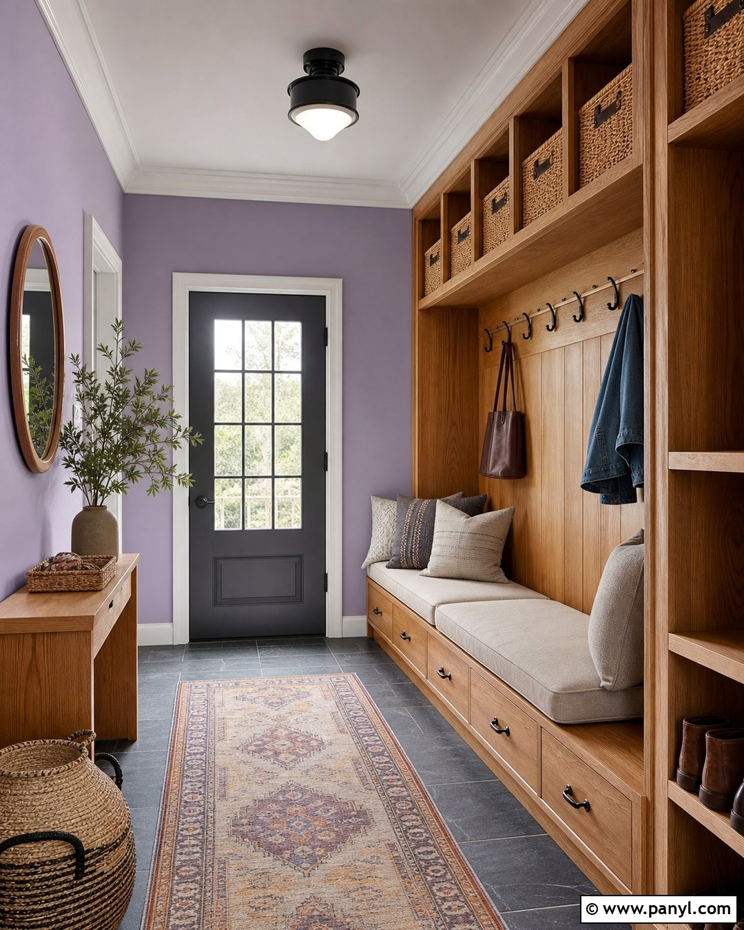 Pale Lavender Mudroom With Warm Wood - 20 Pale Lavender Wall Paint Ideas