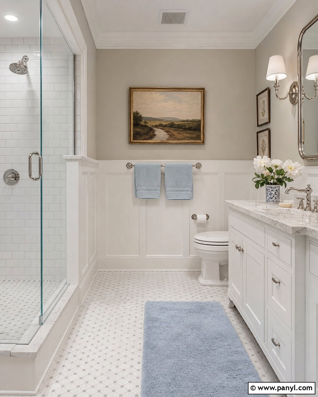 Pale Oak Bathroom With White Wainscoting - 25 Benjamin Moore Pale Oak Bathroom Ideas