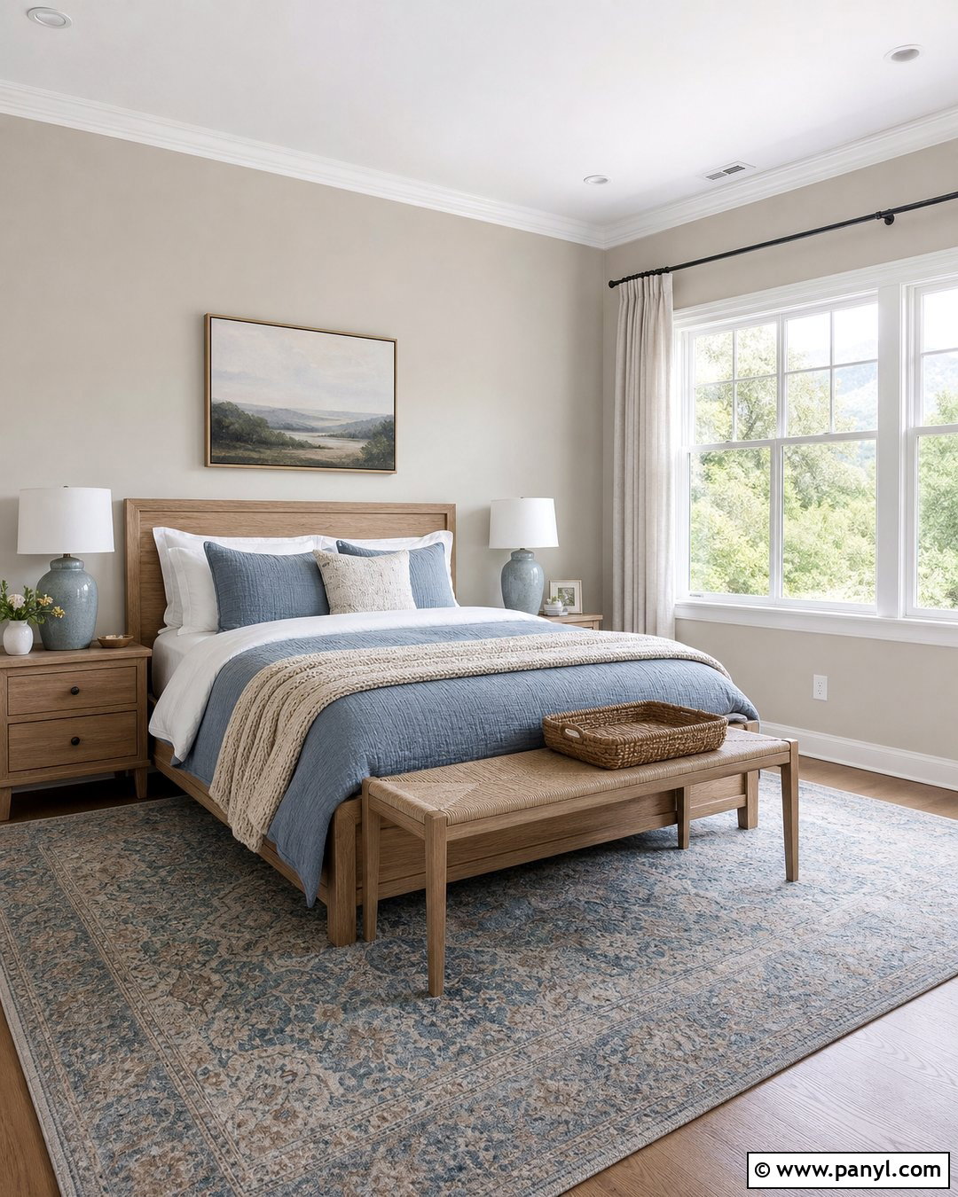 Pale Oak Bedroom With Blue Bedding - 30 Pale Oak Walls