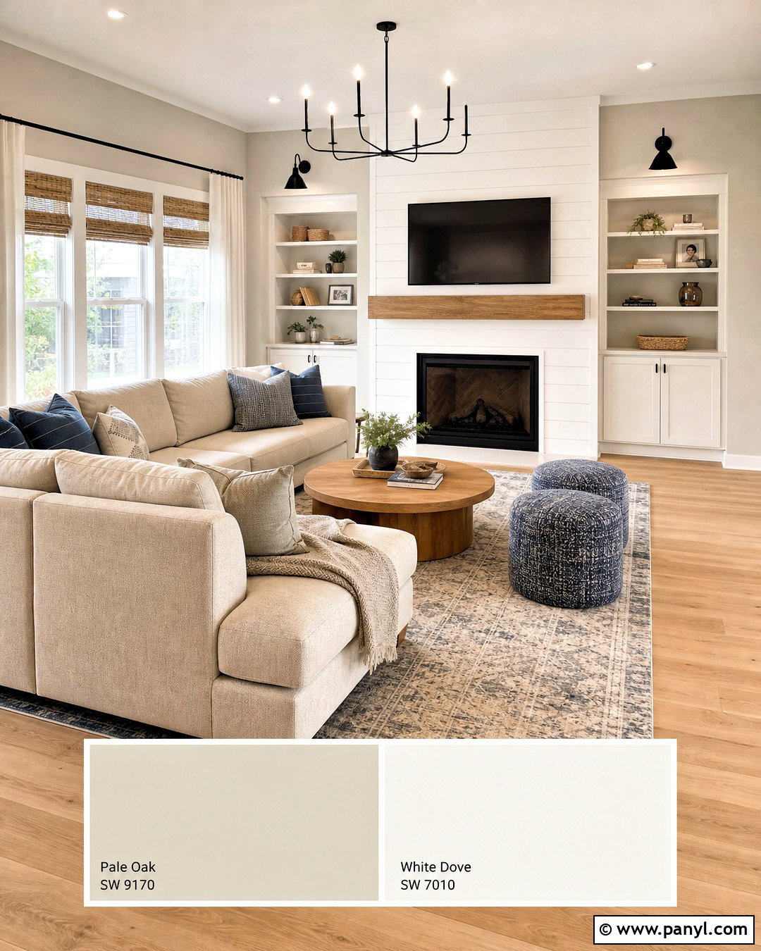 Pale Oak Family Room With White Dove Shiplap - 20 pale oak and white dove ideas