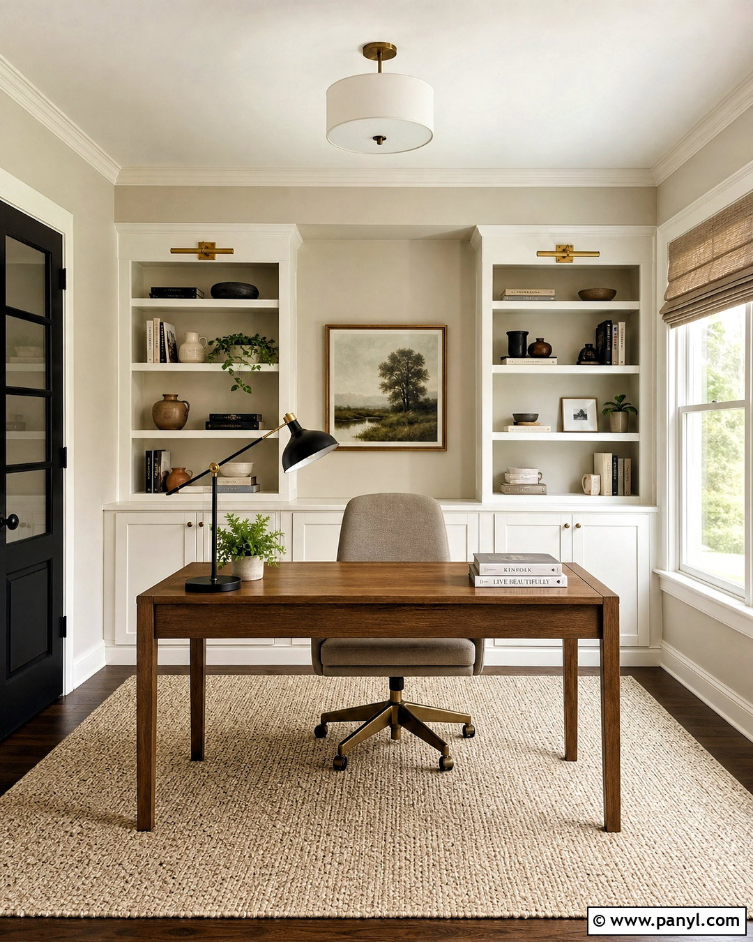 Pale Oak Home Office With White Dove Built-Ins - 20 pale oak and white dove ideas