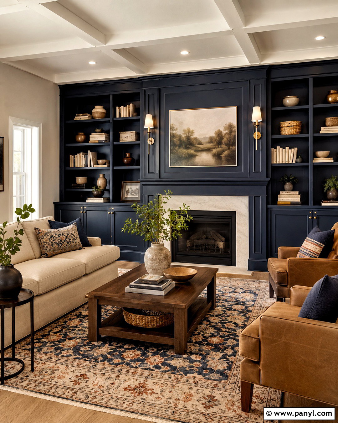 Pale Oak Living Room With Navy Built-Ins - 20 pale oak benjamin moore living room ideas