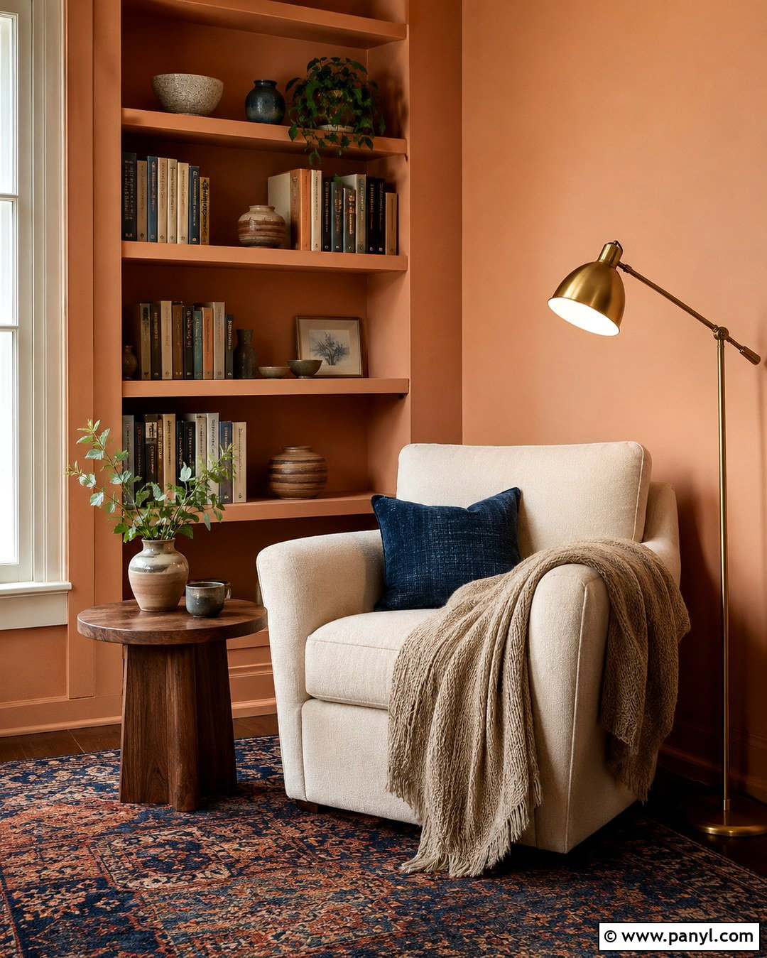 Pale Orange Reading Nook With Built-In Shelves - 20 Pale Orange Wall Paint Ideas