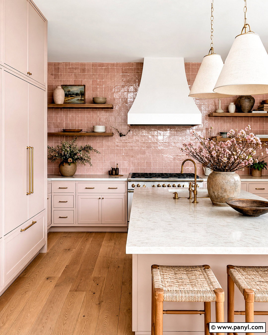 Pale Pink Kitchen With Zellige Backsplash - 20 pale pink kitchen ideas
