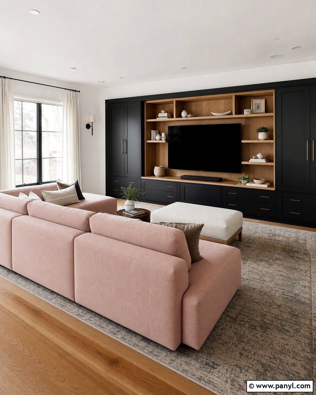 Pale Pink Modular Couch With Black TV Wall - 20 Pink Couch Black Wall Ideas