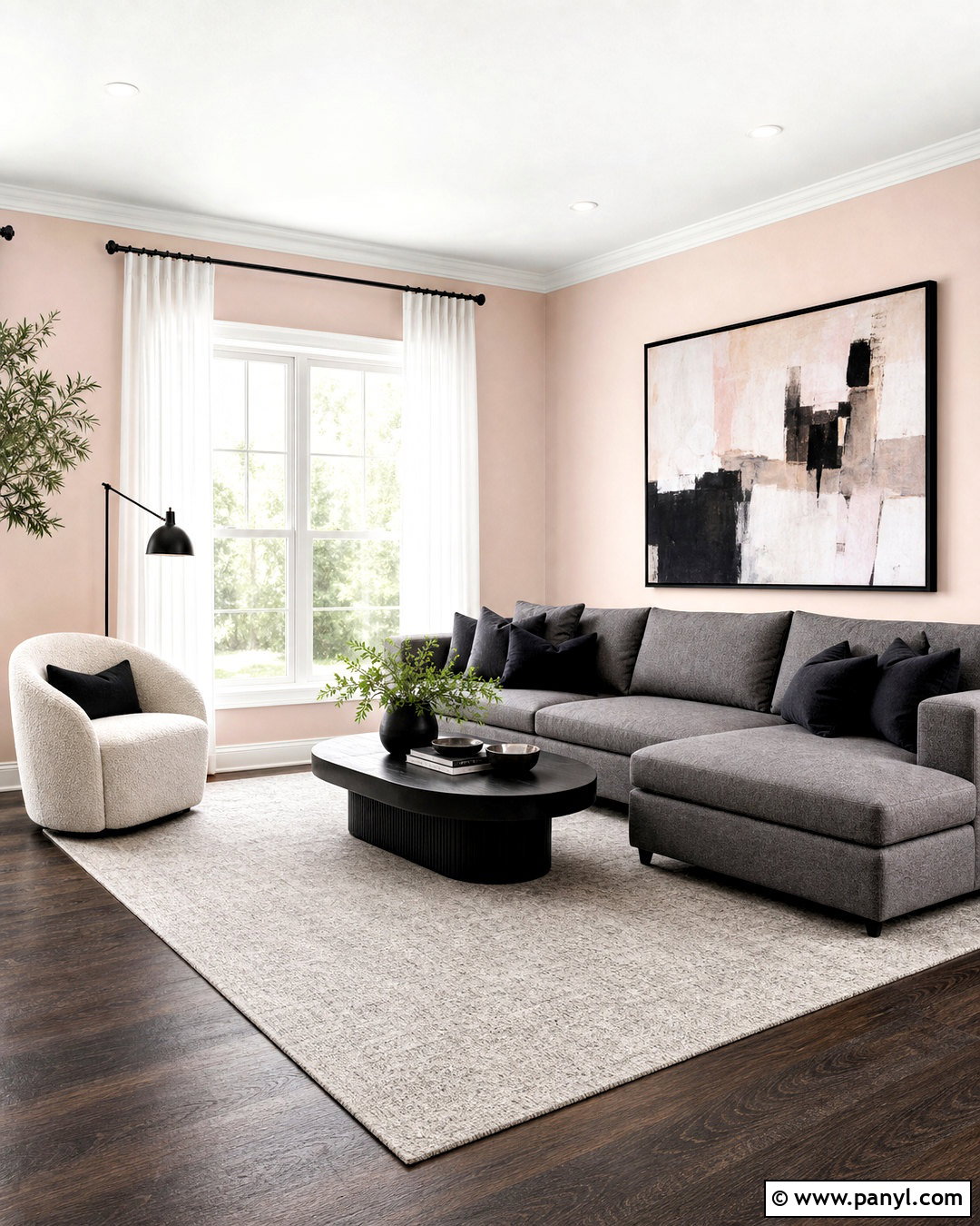 Pale Pink Walls With Gray Sectional - 20 pink walls living room ideas