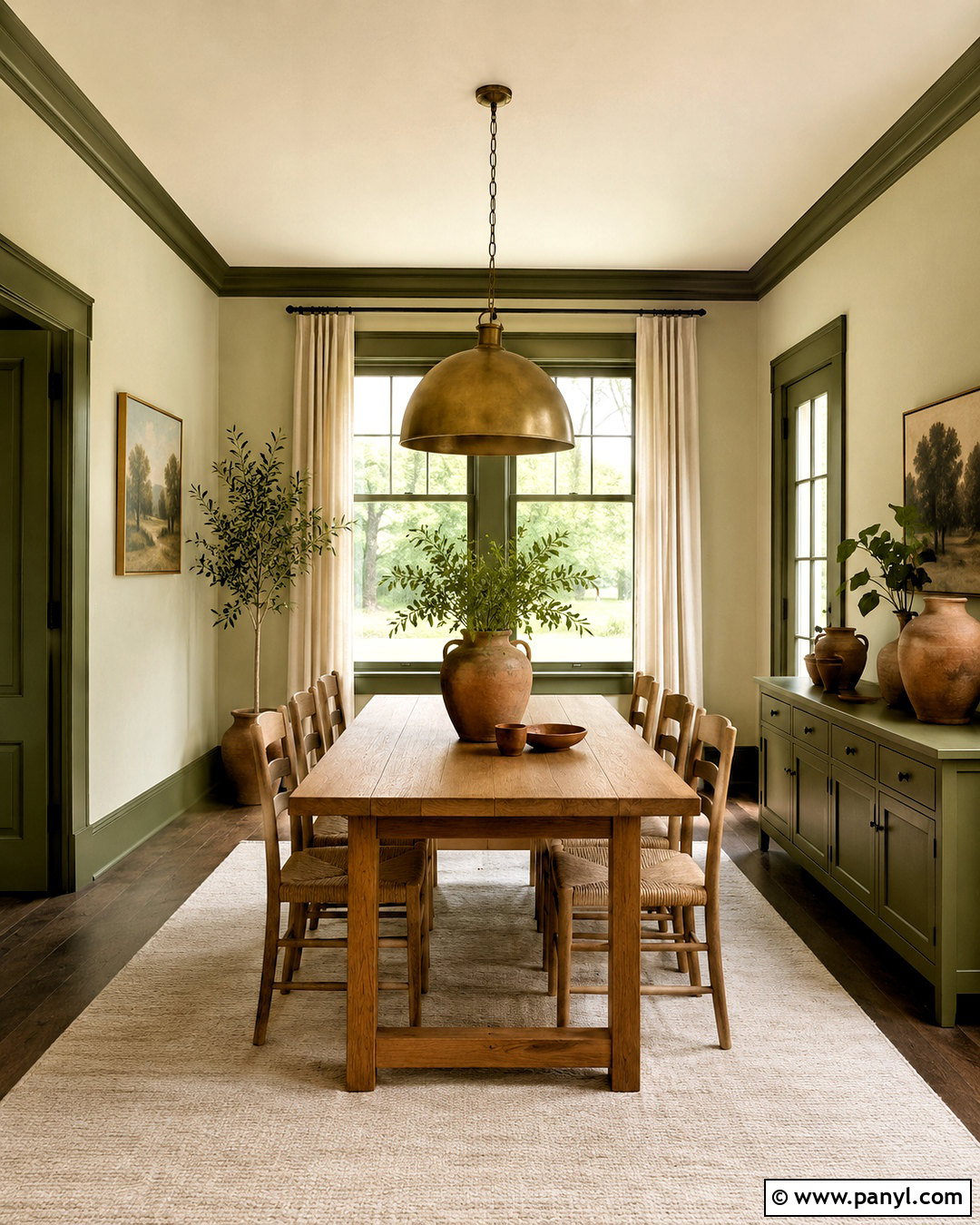 Pale Sage Dining Room With Dark Olive Trim - 40 light walls darker trim ideas