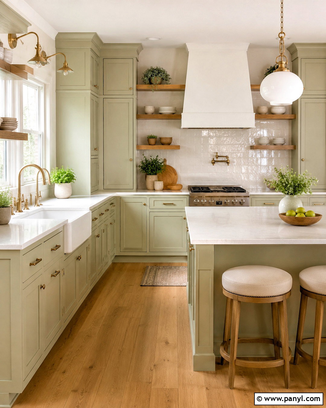 Pale Sage Green Kitchen With White Quartz - 20 light color kitchen ideas