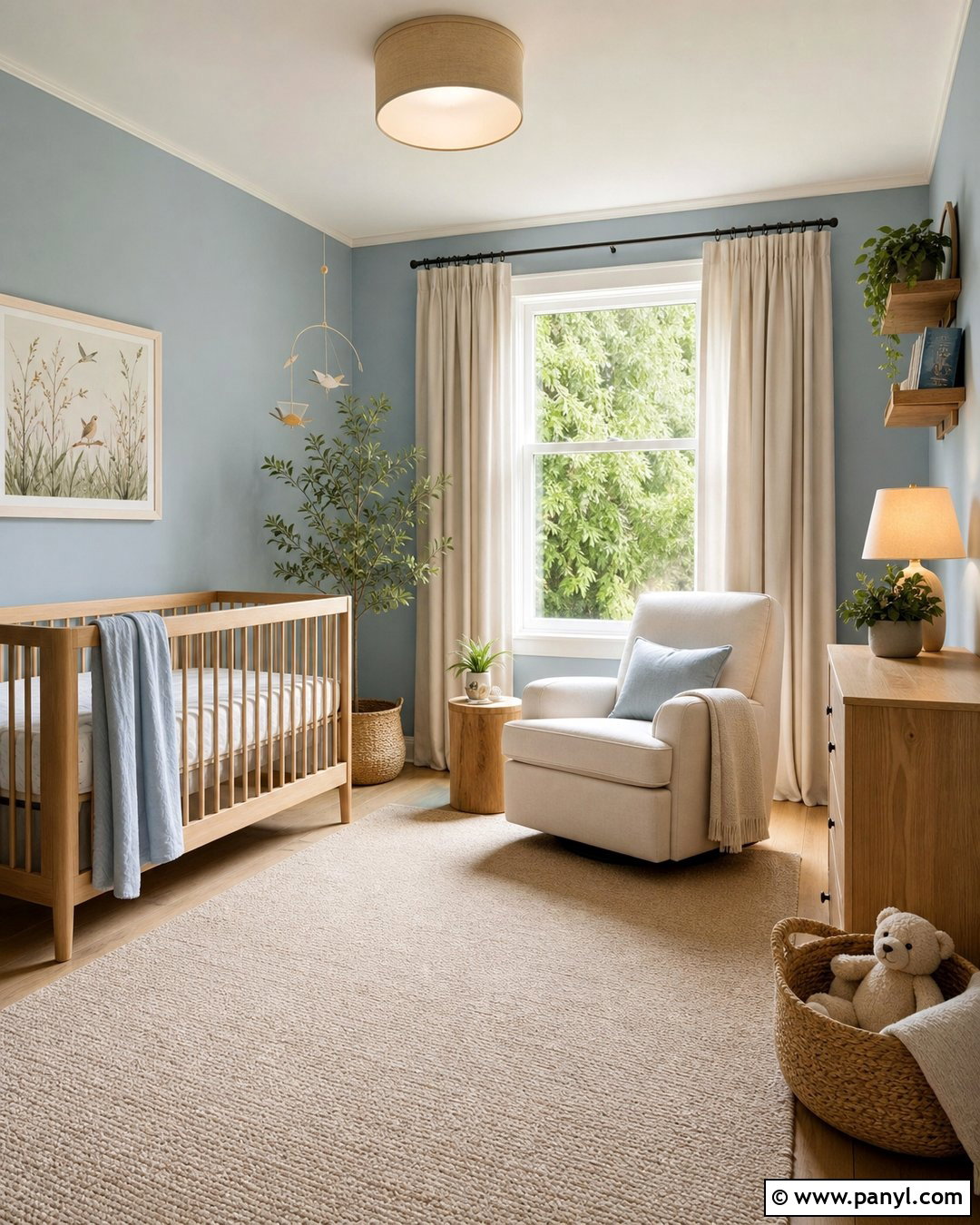 Pale Satin Blue Nursery With Natural Wood - 20 Satin Blue Wall Paint Ideas
