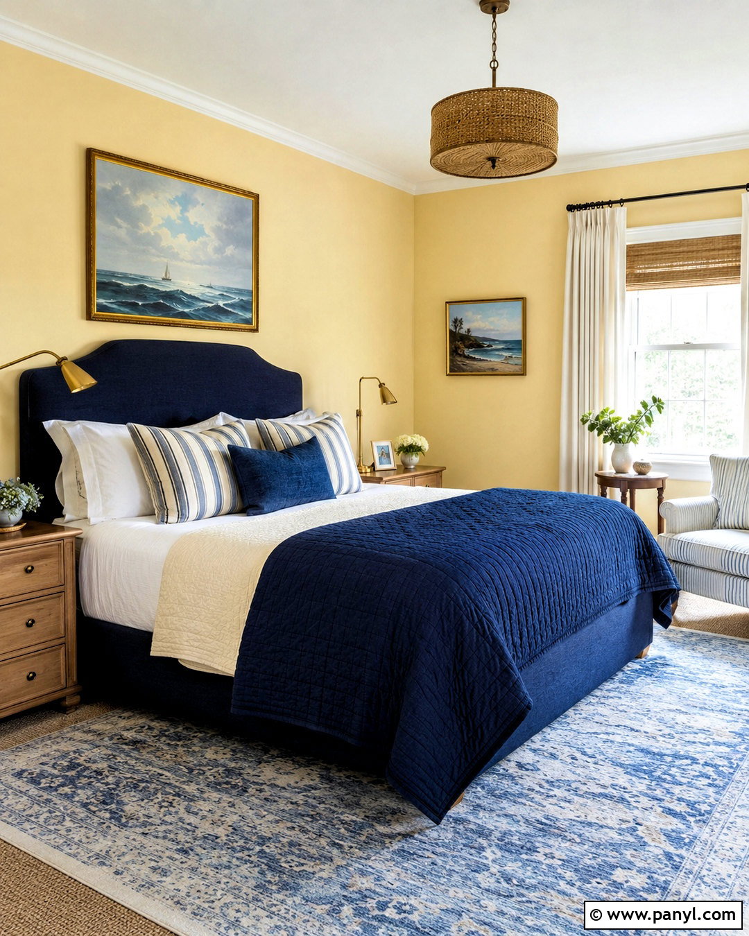 Pale Yellow Bedroom With Navy Blue Bedding - 20 pale yellow bedrooms