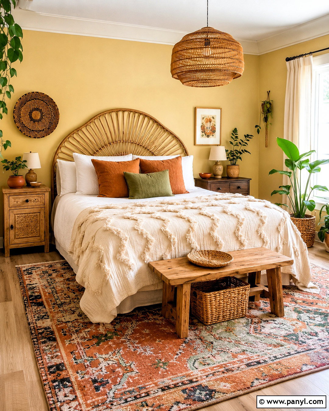 Pale Yellow Boho Bedroom With Rattan - 20 pale yellow bedrooms