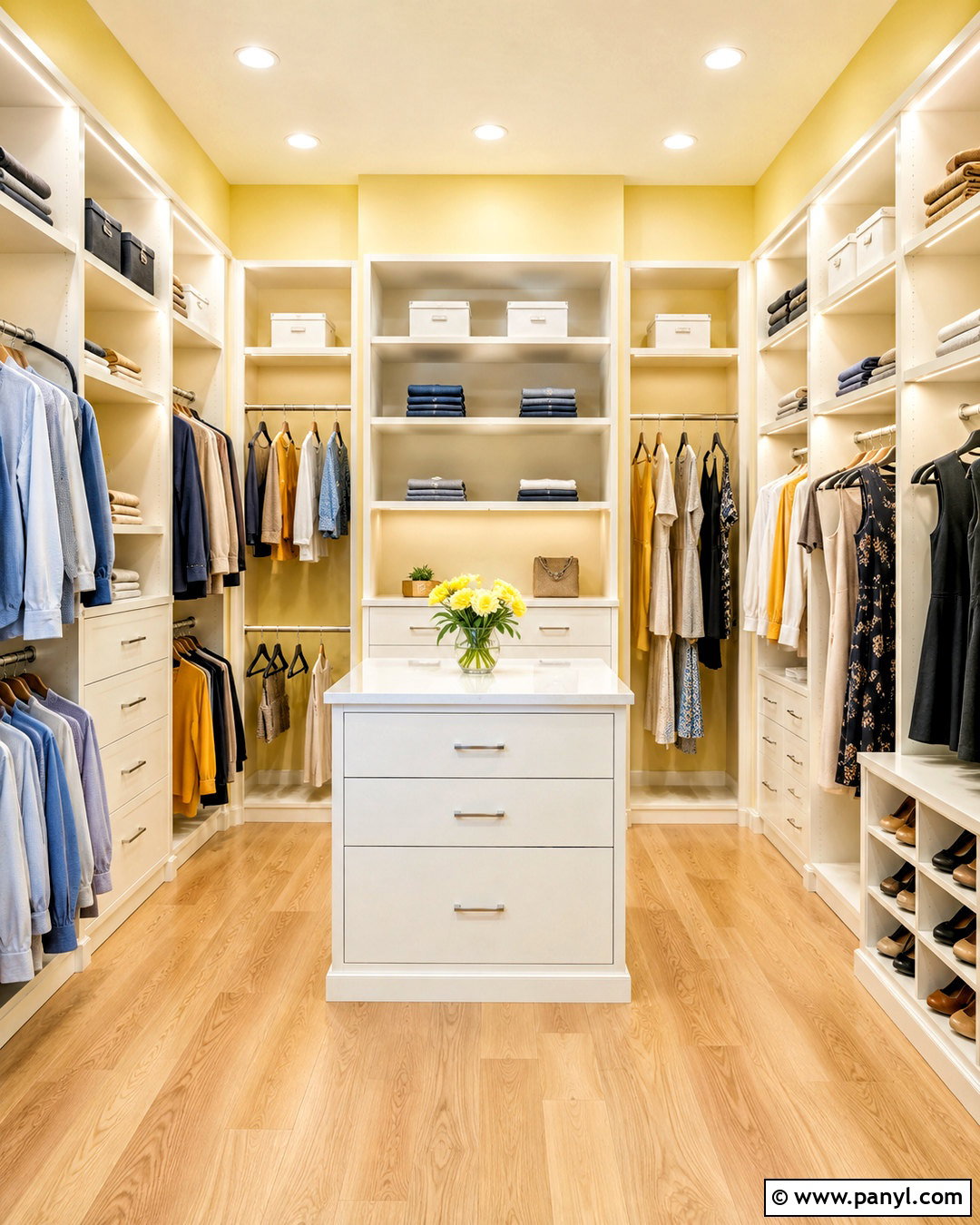 Pale Yellow Closet With White Shelves - 20 Yellow Wall Closet Space Ideas