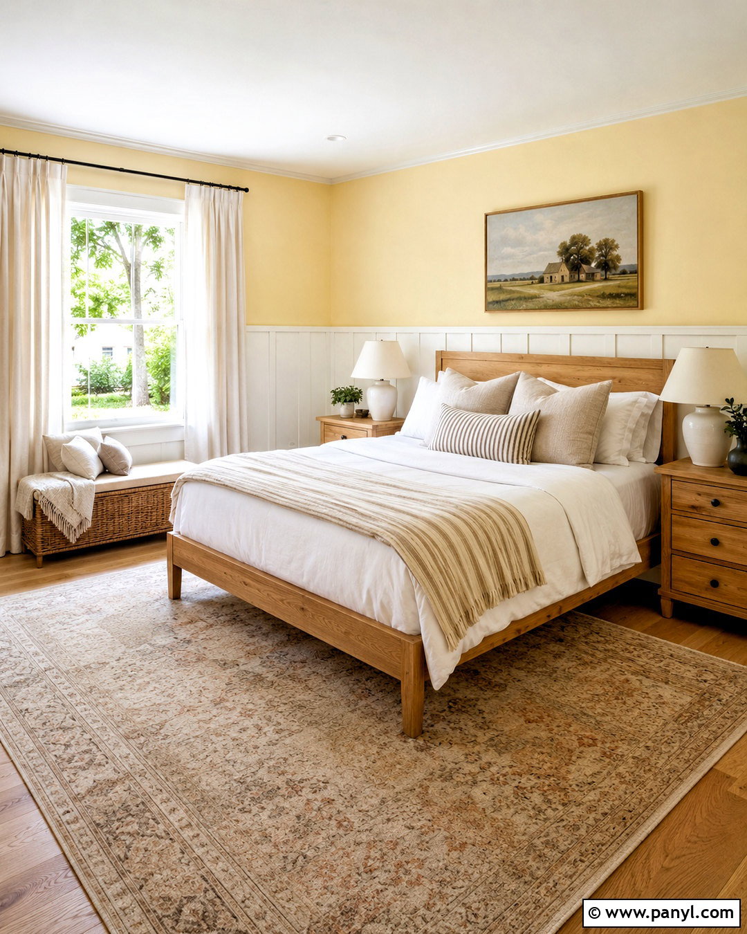 Pale Yellow Farmhouse Bedroom With White Paneling - 20 pale yellow bedrooms