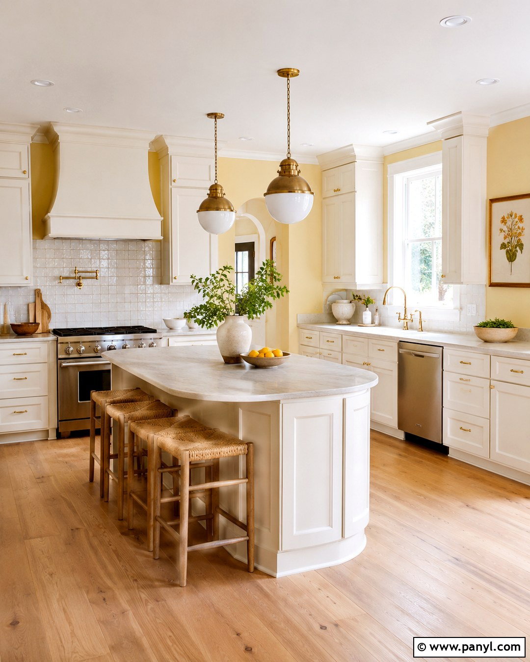 Pale Yellow Kitchen With Brass Accents - 20 Pale Yellow Kitchen Walls With White Cabinets