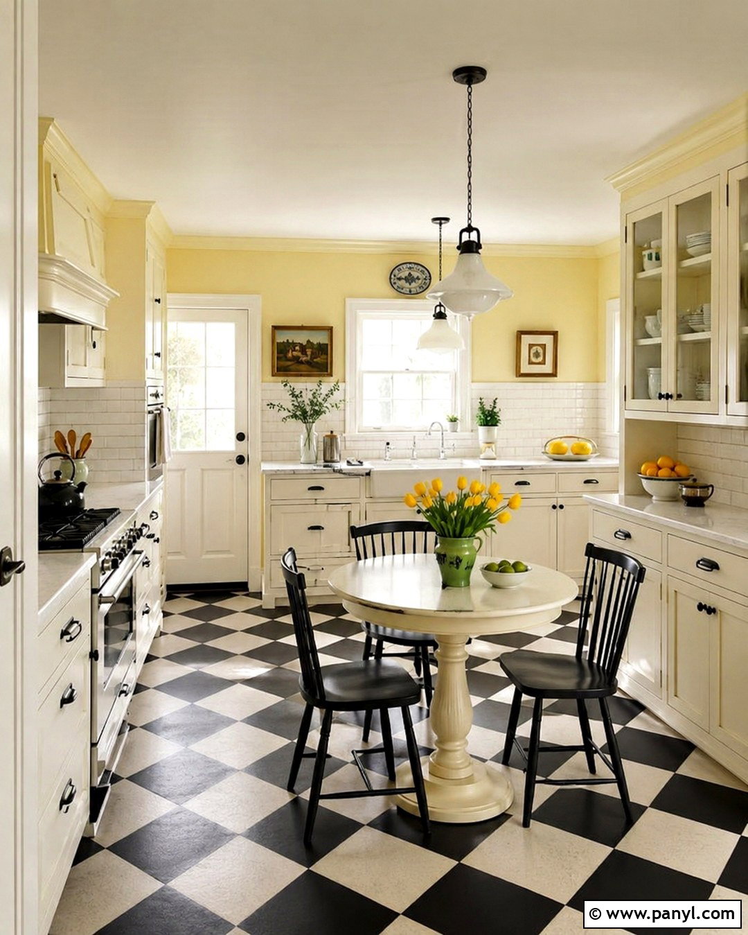 Pale Yellow Kitchen With Checkerboard Floor - 20 Pale Yellow Kitchen Walls With White Cabinets