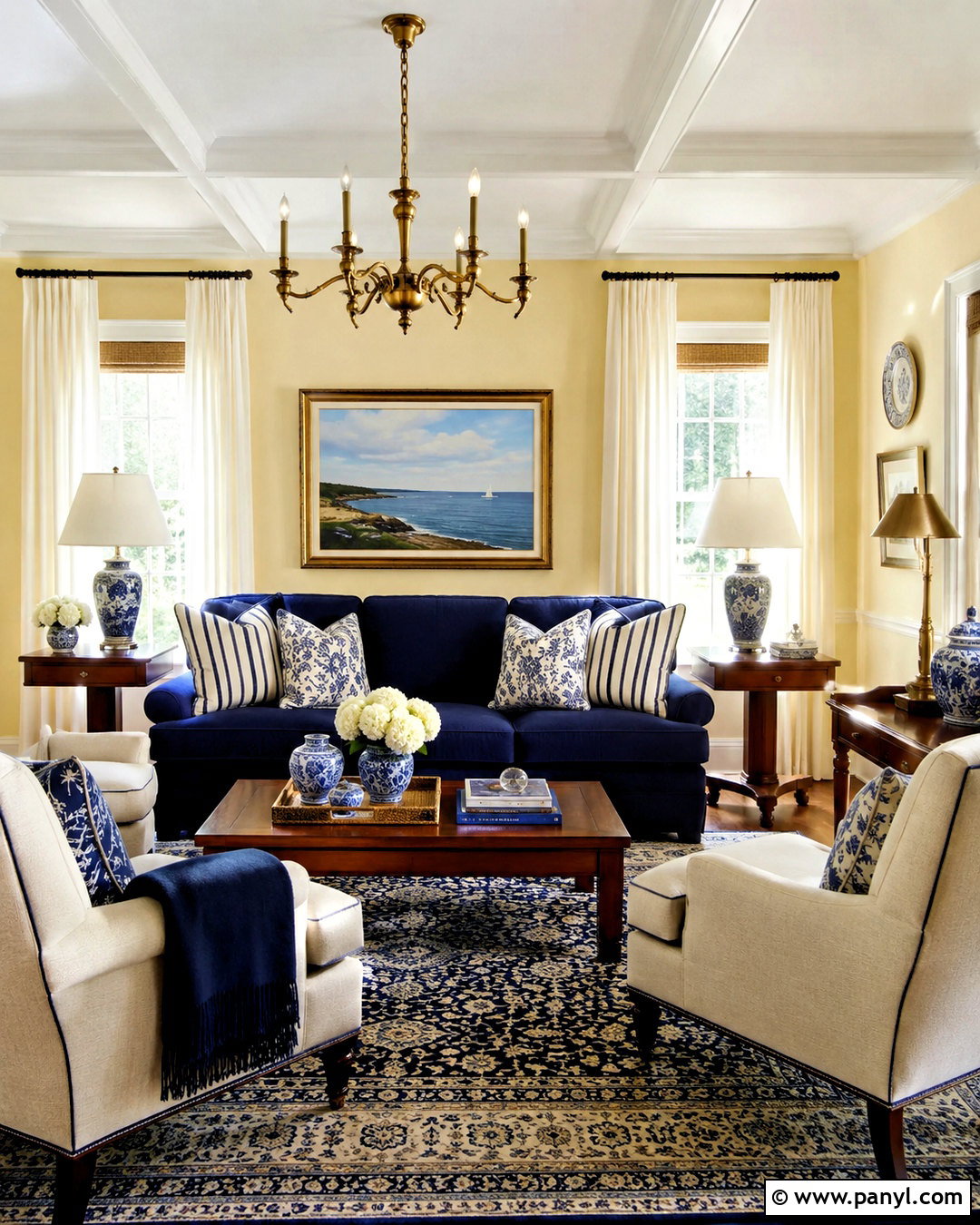 Pale Yellow Living Room With Navy Blue Accents - 20 pale yellow living room ideas
