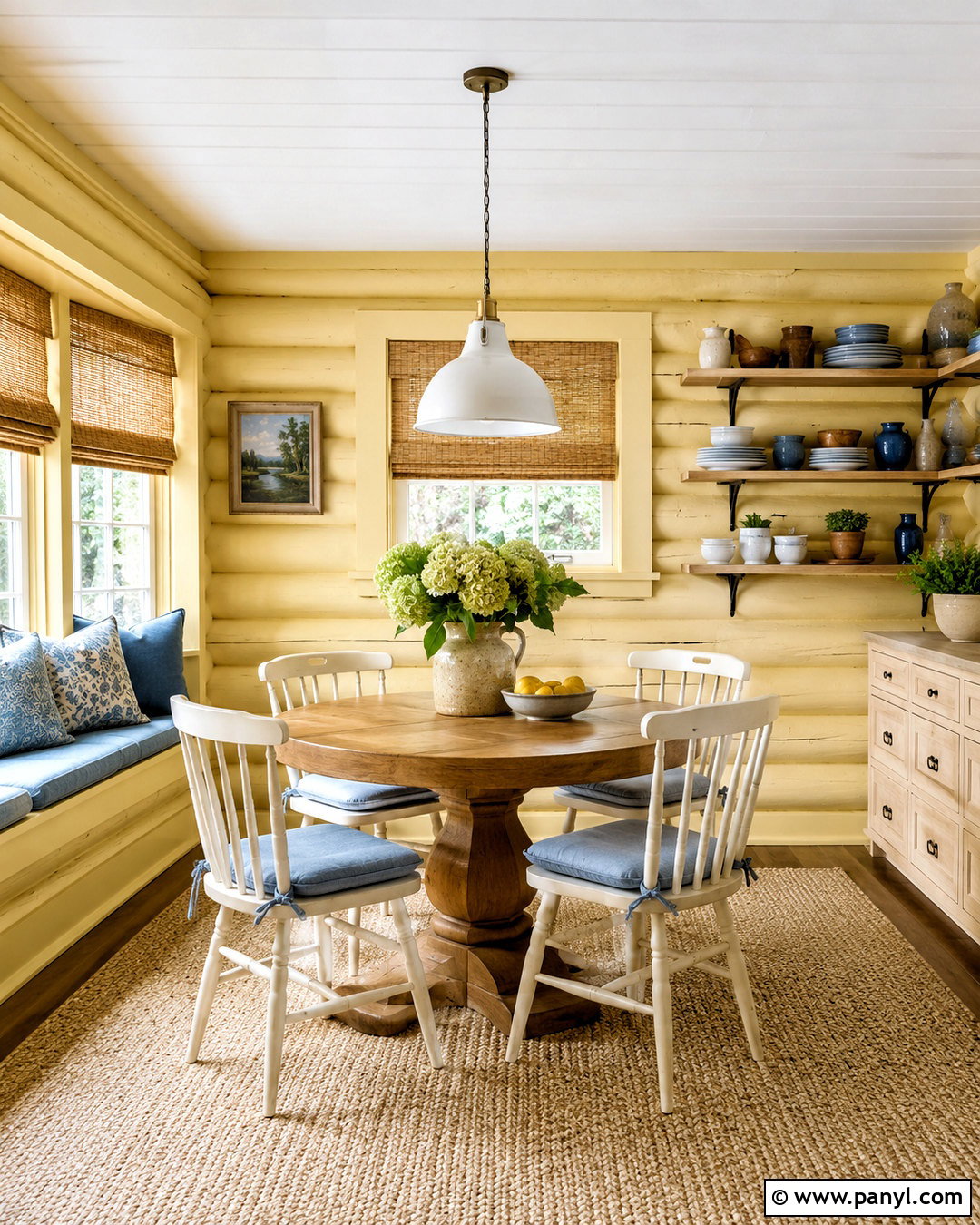 Pale Yellow Painted Log Breakfast Room - 20 painted log home interior ideas
