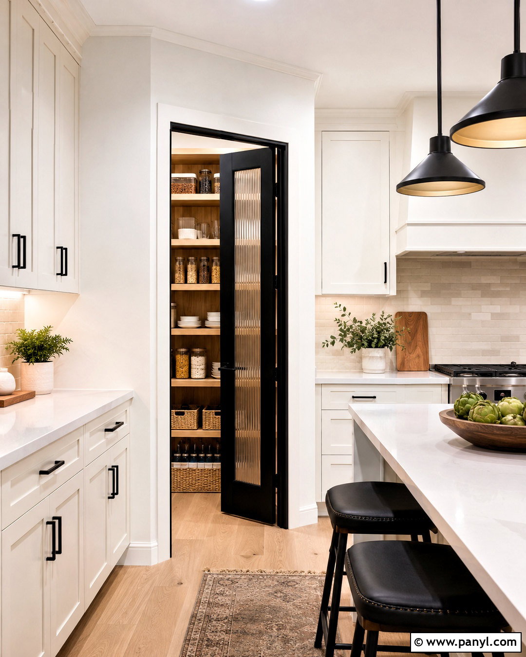 Pantry With Black Glass Door - 35 White Walls Black Doors