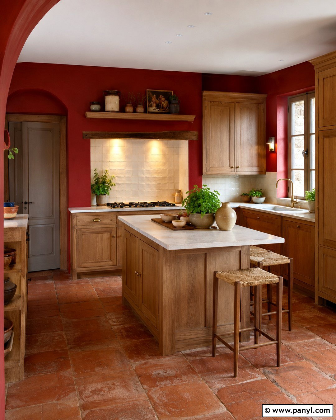 Paprika Red Walls With Natural Oak Cabinets - 20 Red Kitchen Walls With Oak Cabinets