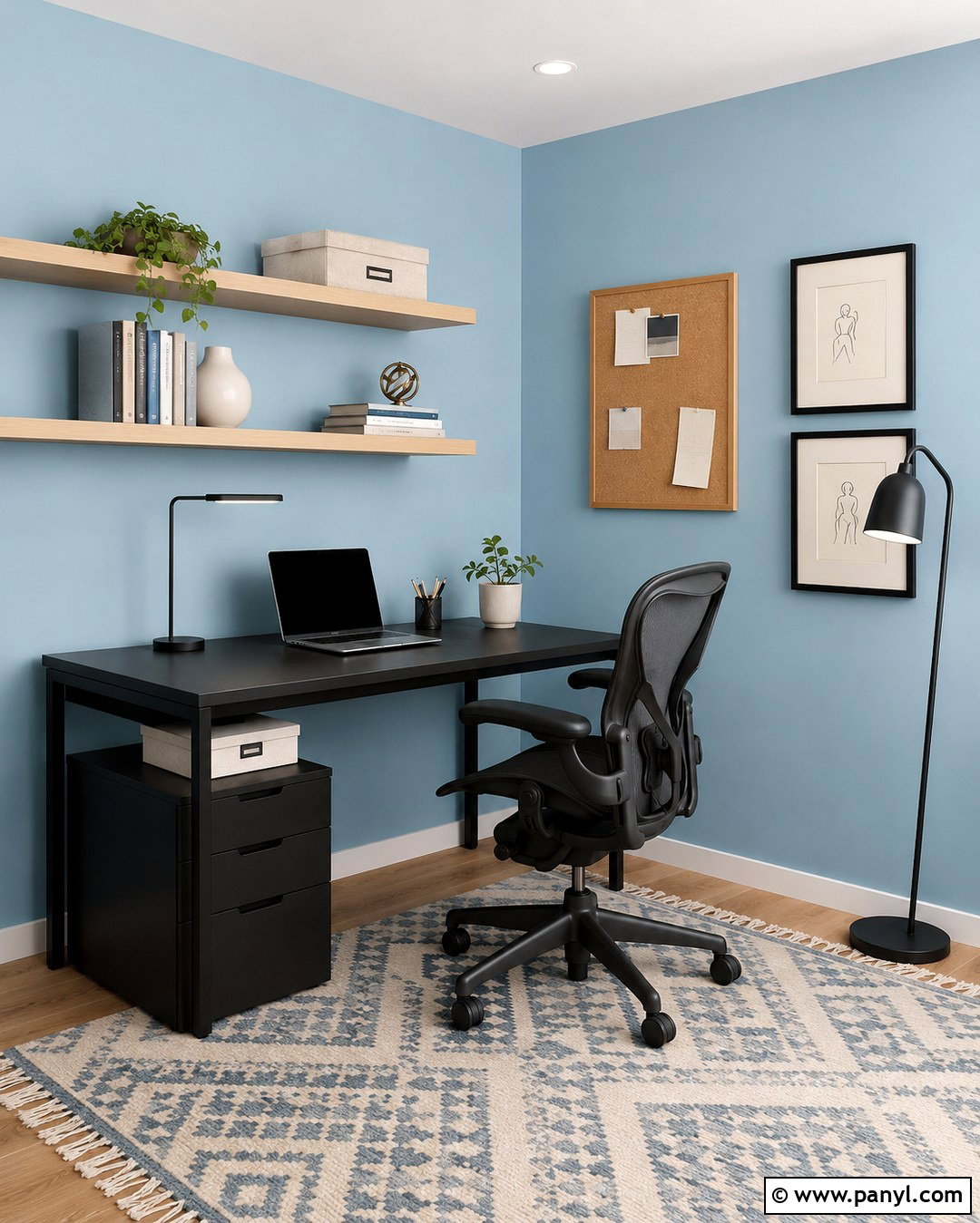 Pastel Blue Home Office With Black Desk - 20 Pastel Blue Wall Color Ideas