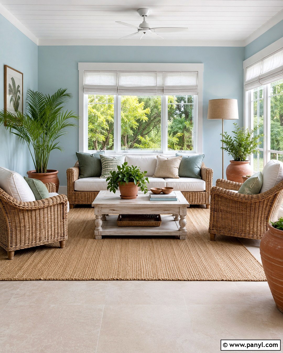 Pastel Blue Sunroom With Rattan Furniture - 20 Pastel Blue Wall Color Ideas