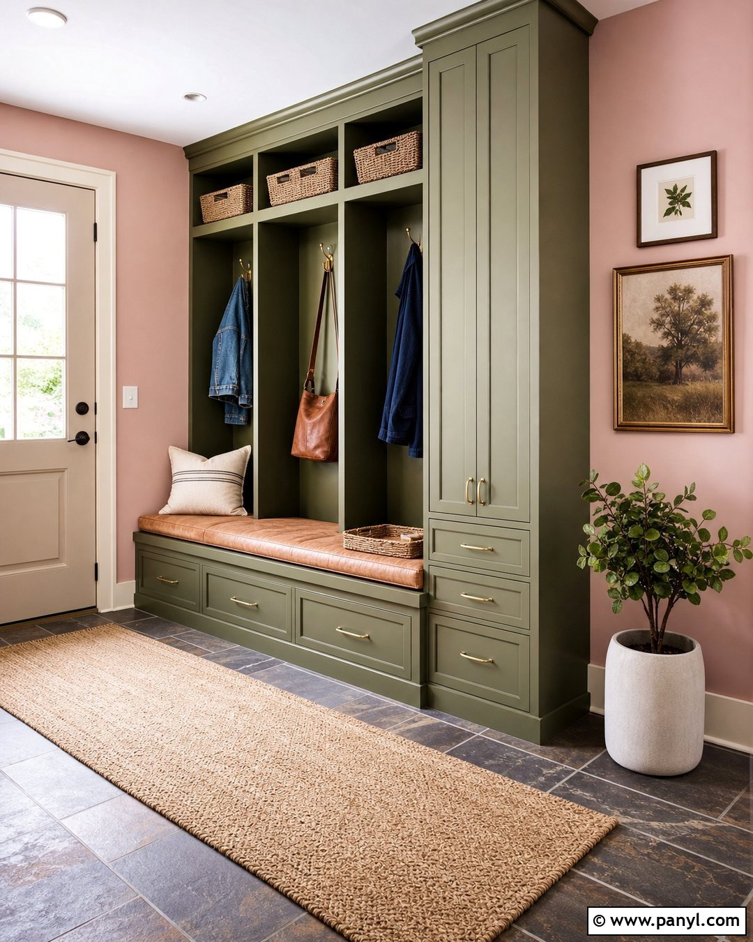 Pastel Pink Mudroom Walls With Olive Cabinets - 25 Pastel Pink Walls