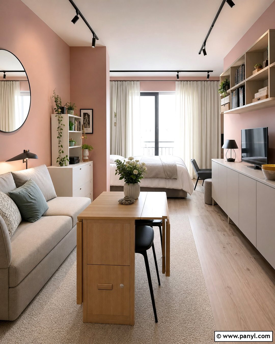 Pastel Pink Studio Apartment Walls With Greige Furniture - 25 Pastel Pink Walls