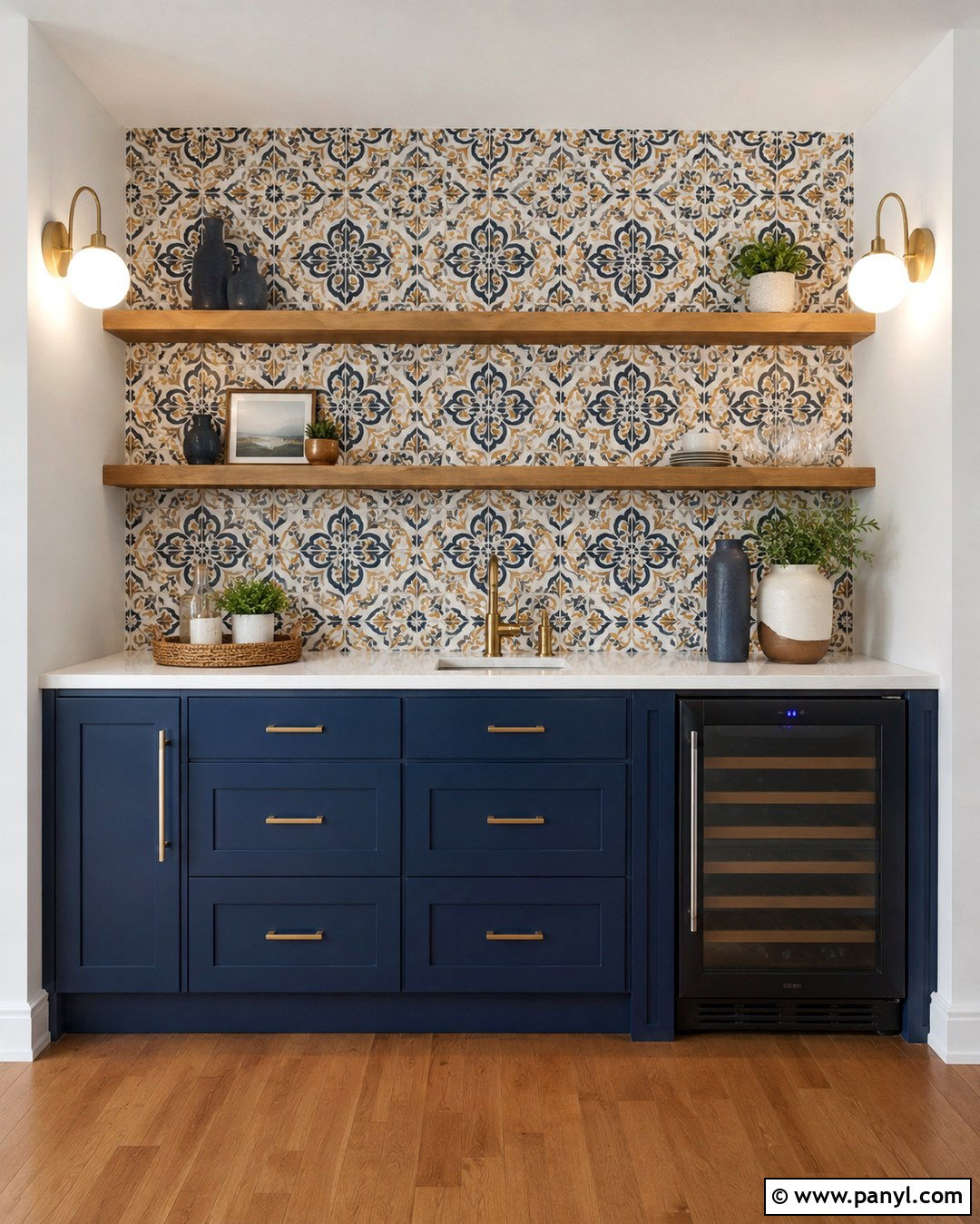 Patterned Cement Tile Home Bar Accent Wall - 20 Home Bar Accent Wall Ideas