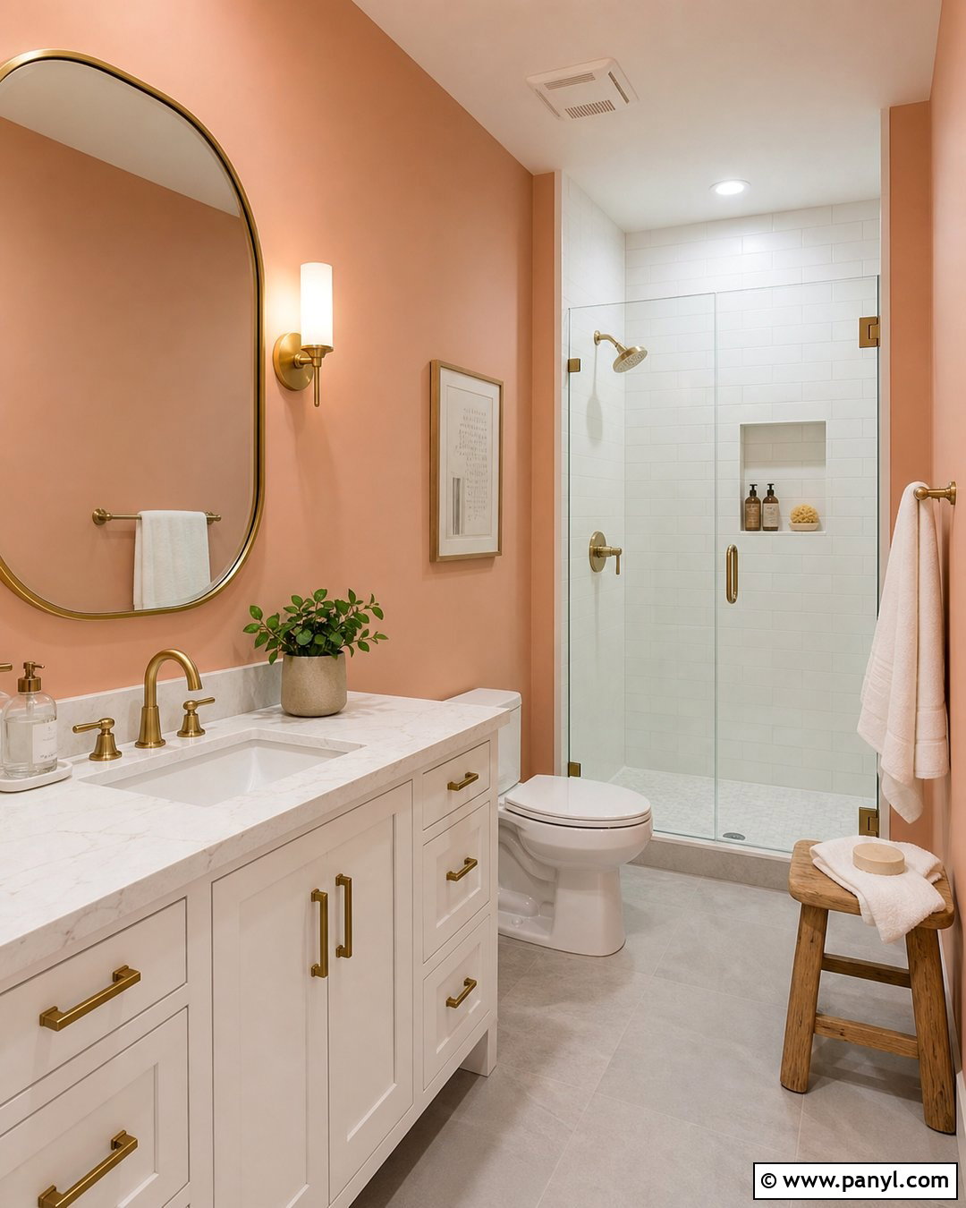 Peach Bathroom Walls With Brass Fixtures - 25 Peach Painted Walls