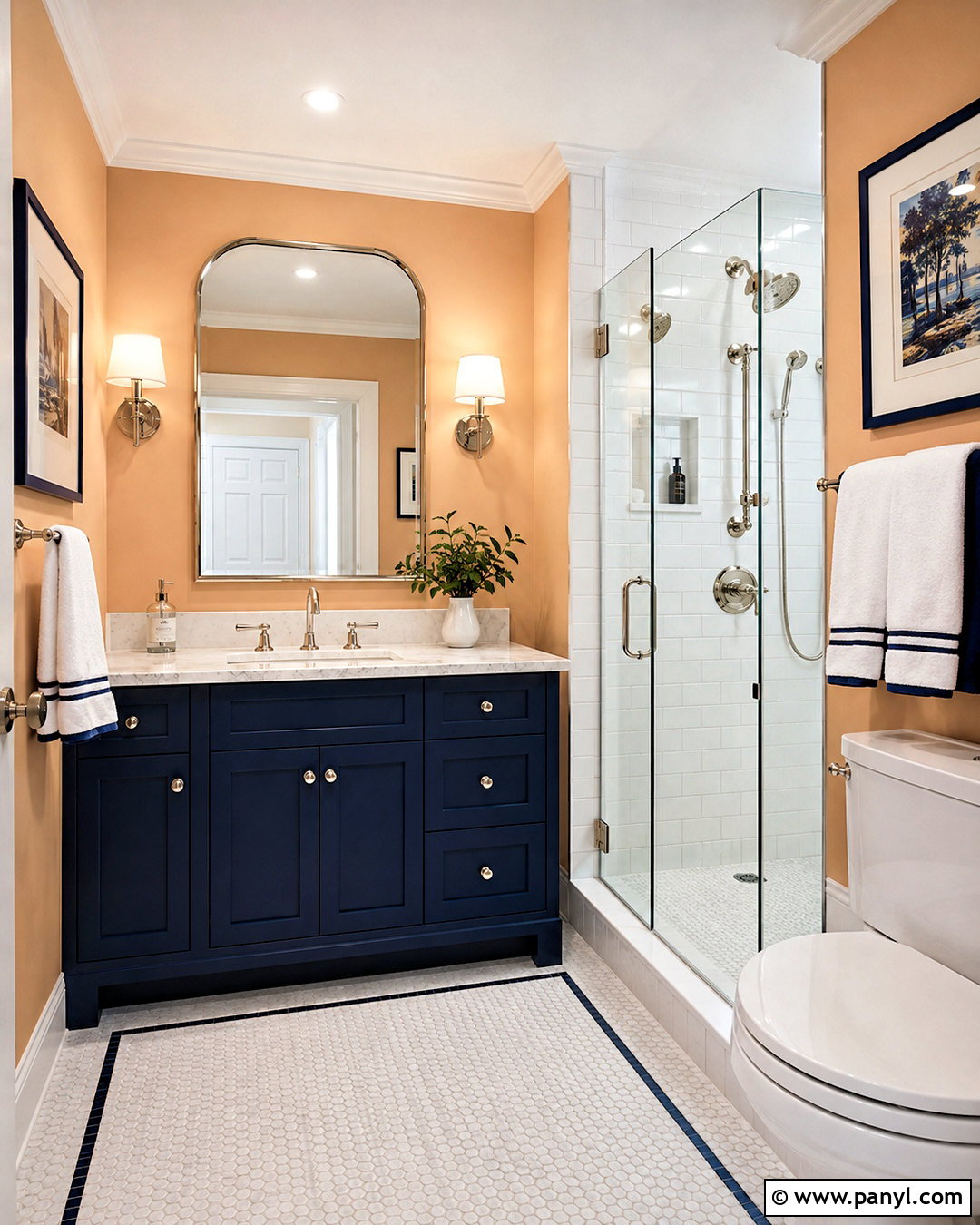 Peach Bathroom Walls With Navy Blue Vanity - 20 peach bathroom walls