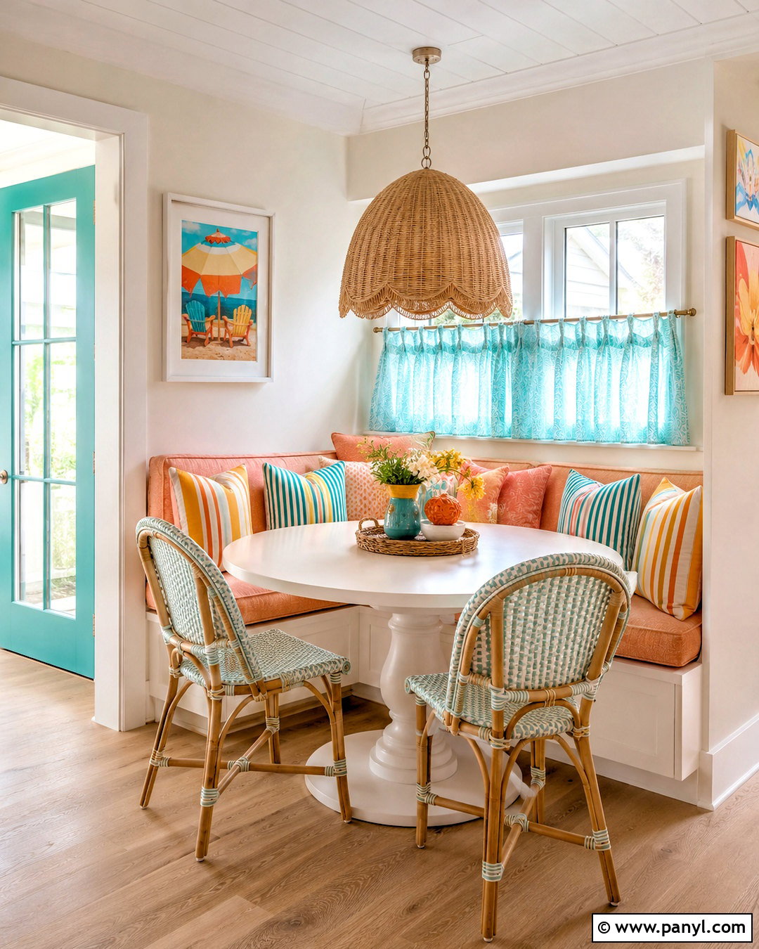 Peach Beach House Breakfast Nook - 20 colorful beach house decor ideas