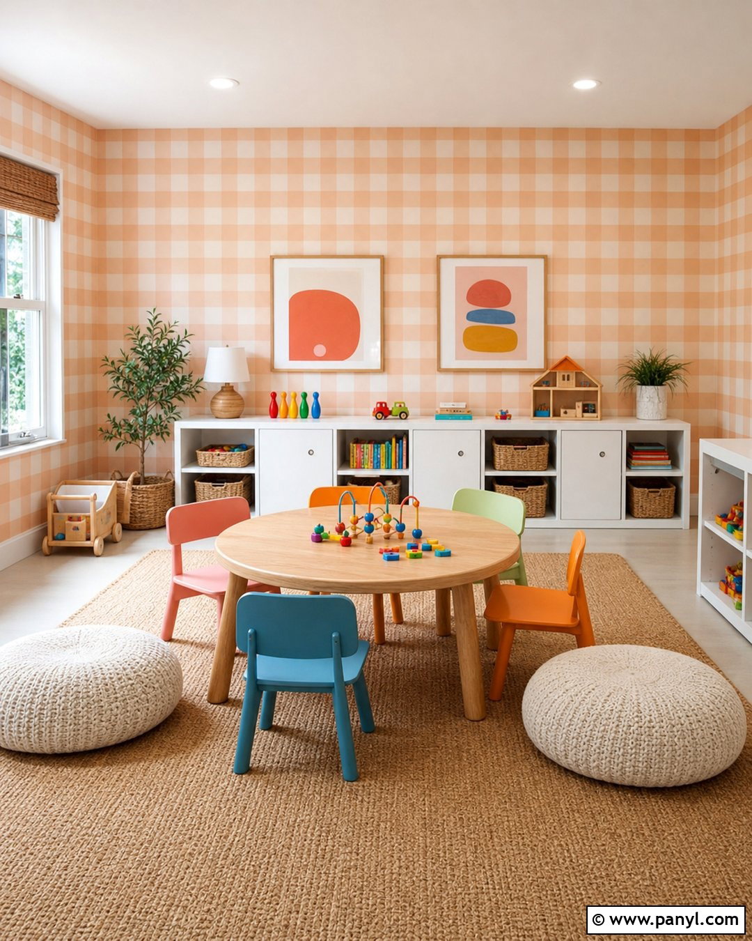 Peach Gingham Painted Playroom Walls - 30 Gingham Painted Walls