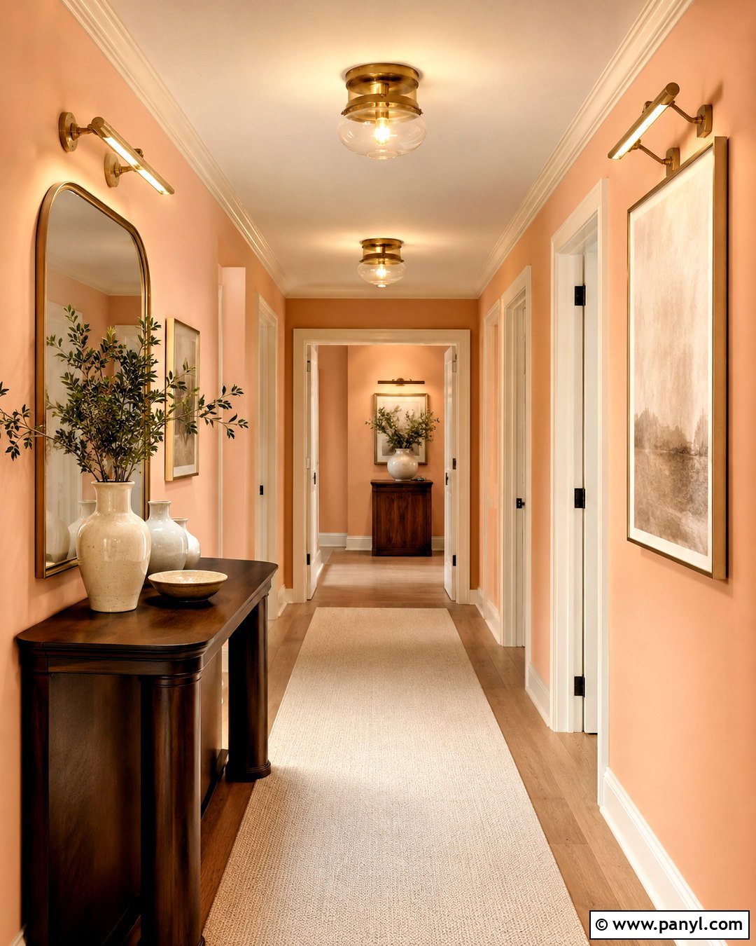 Peach Hallway With Brass Lighting - 20 peach hallway ideas