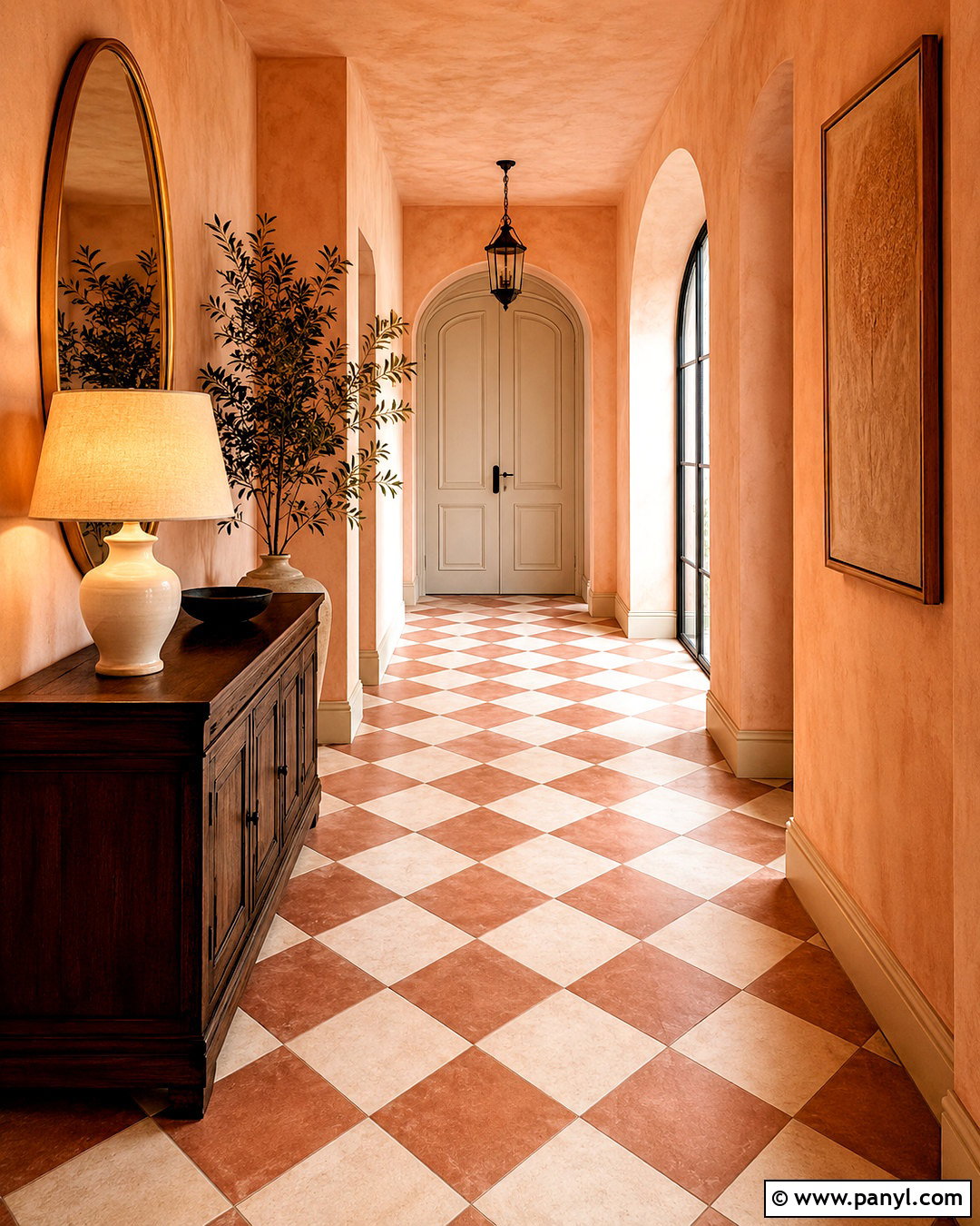 Peach Hallway With Checkerboard Floor - 20 peach hallway ideas