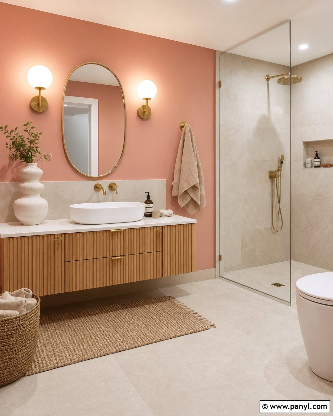 Peach Pink Accent Wall With Fluted Vanity - 20 Modern Bathroom With Pink Accent Wall Ideas