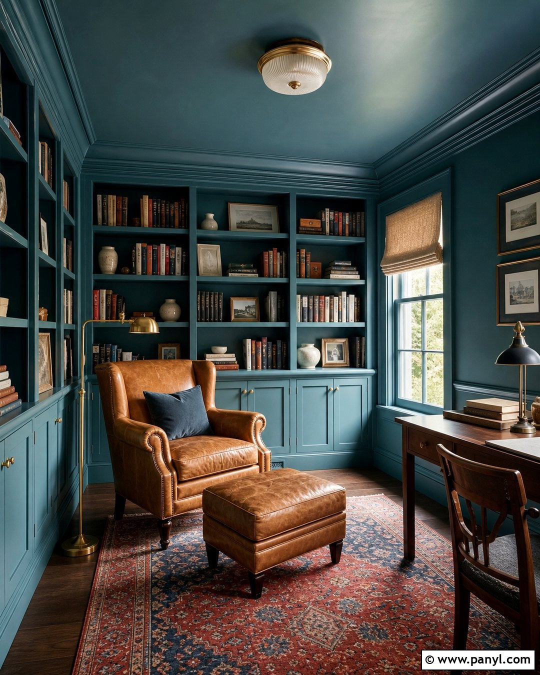 Peacock Blue Color-Drenched Reading Room - 20 Peacock Blue Wall Paint Ideas