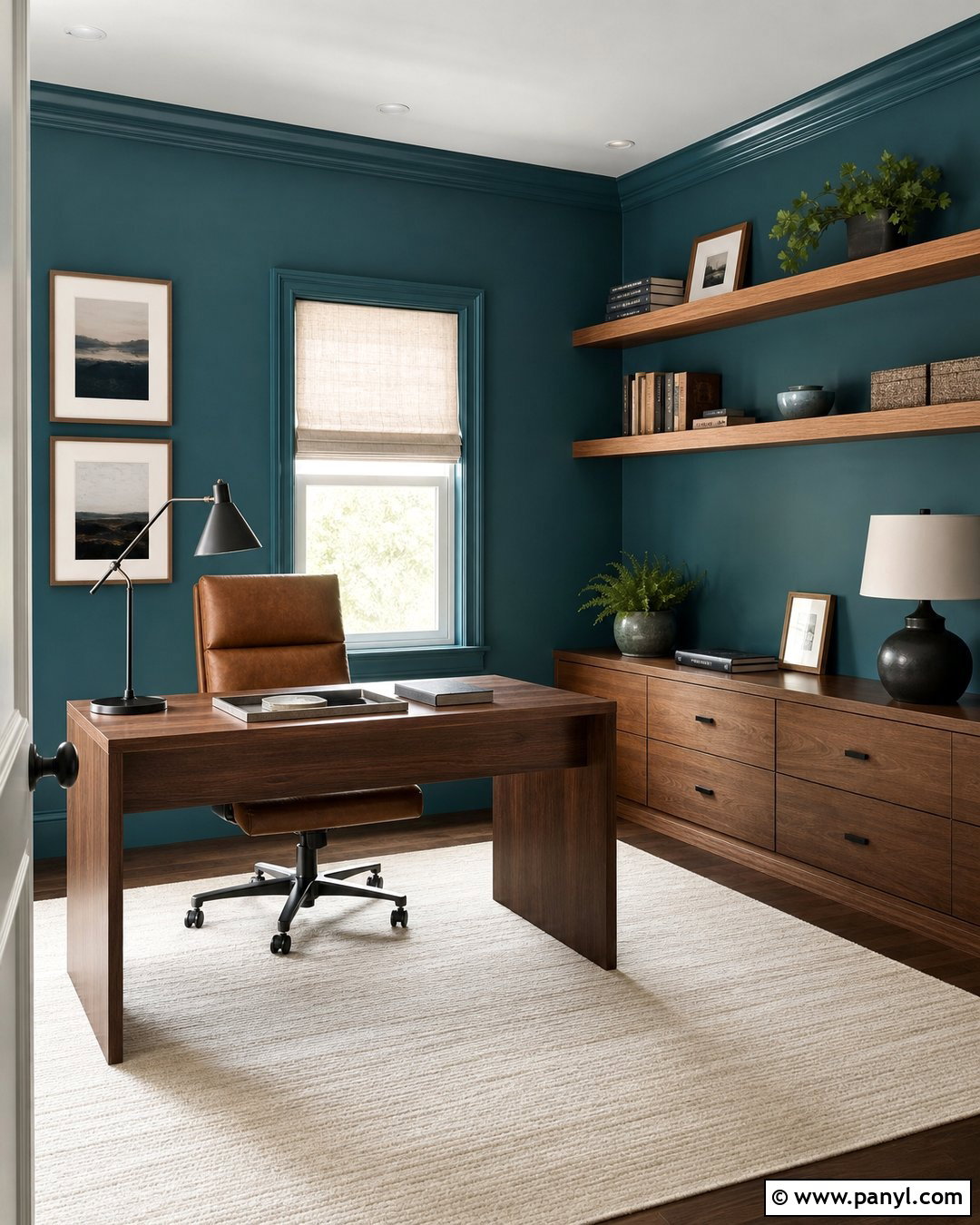 Peacock Blue Home Office With Wood Shelves - 20 Peacock Blue Wall Paint Ideas