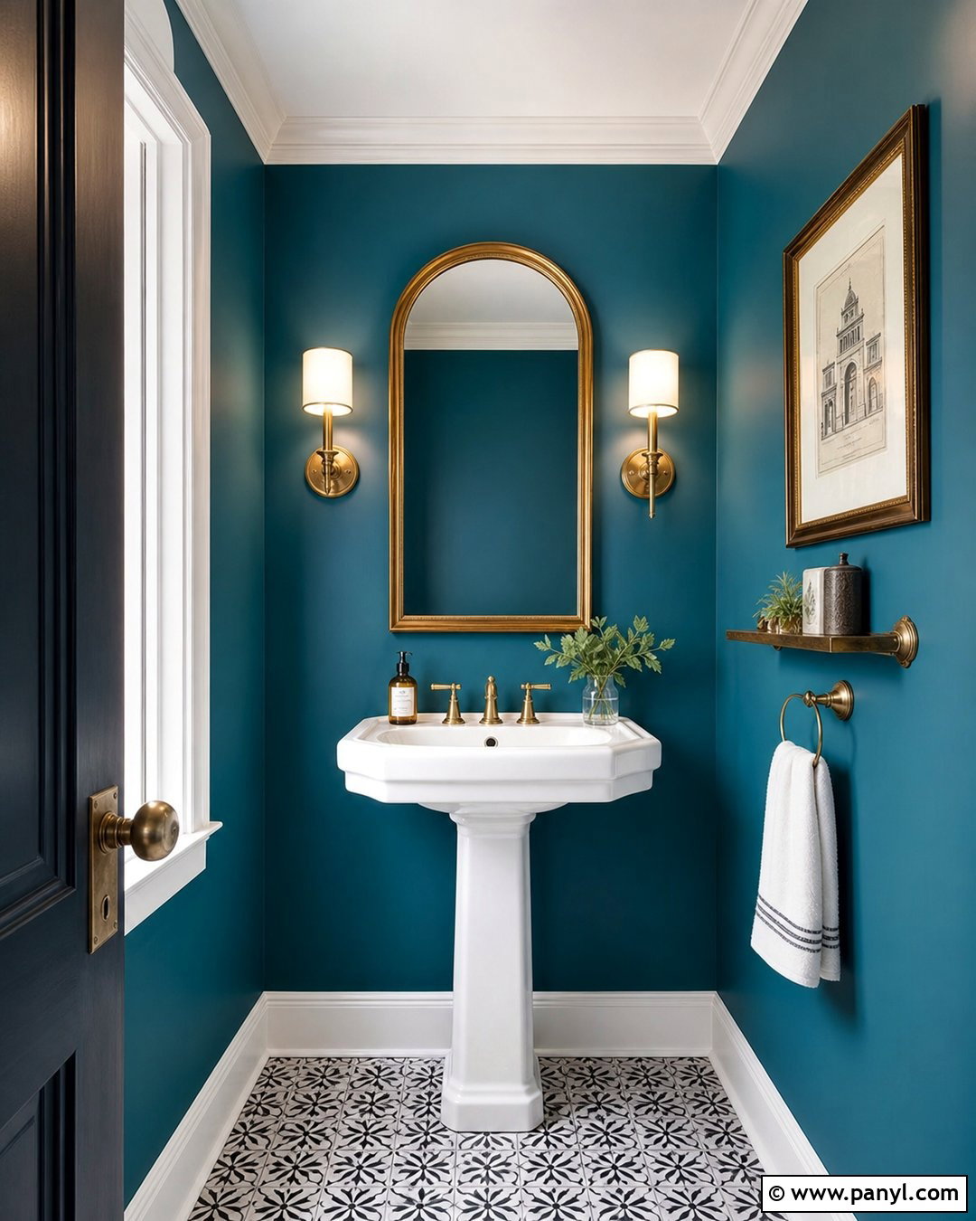 Peacock Blue Powder Room With Patterned Floor - 20 Peacock Blue Wall Paint Ideas