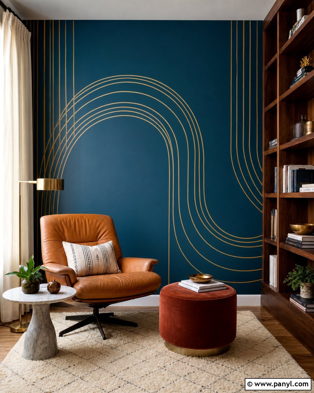 Peacock Blue Reading Room Wall With Gold Curved Lines - 20 Blue Wall With Gold Lines