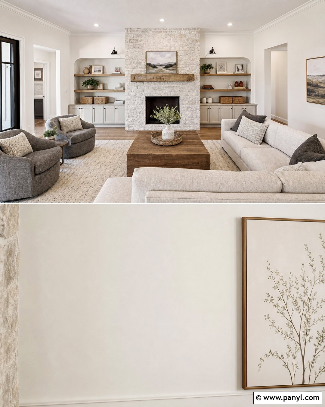 Pearly White Family Room With A Stone Fireplace - 25 Pearly White Sherwin Williams Walls
