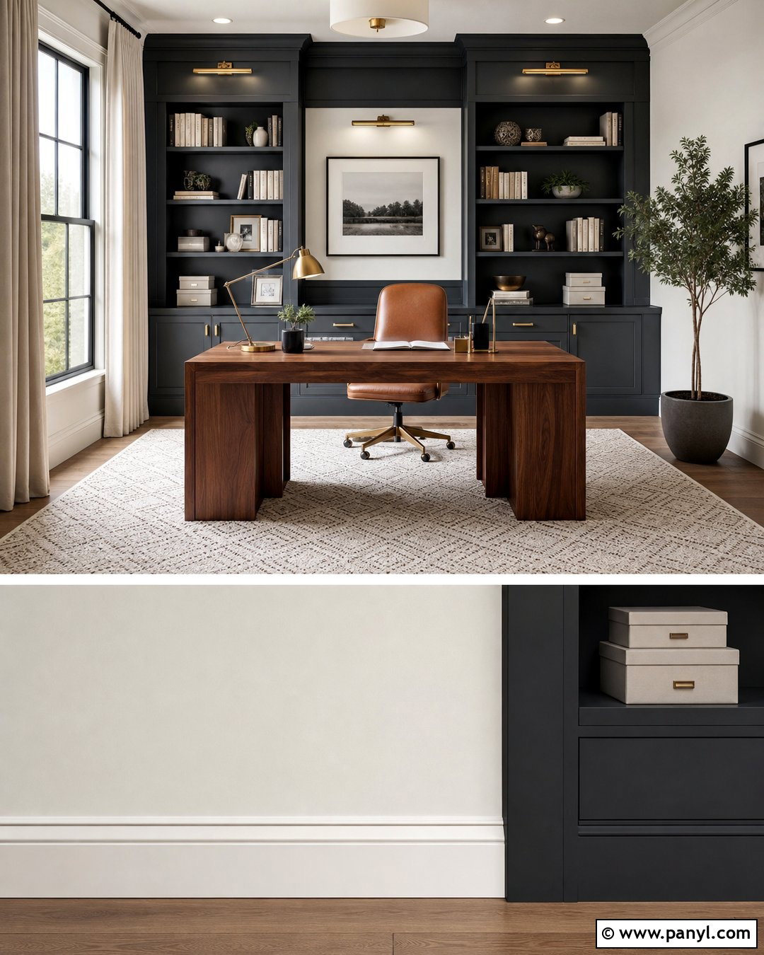Pearly White Home Office With Dark Built-Ins - 25 Pearly White Sherwin Williams Walls