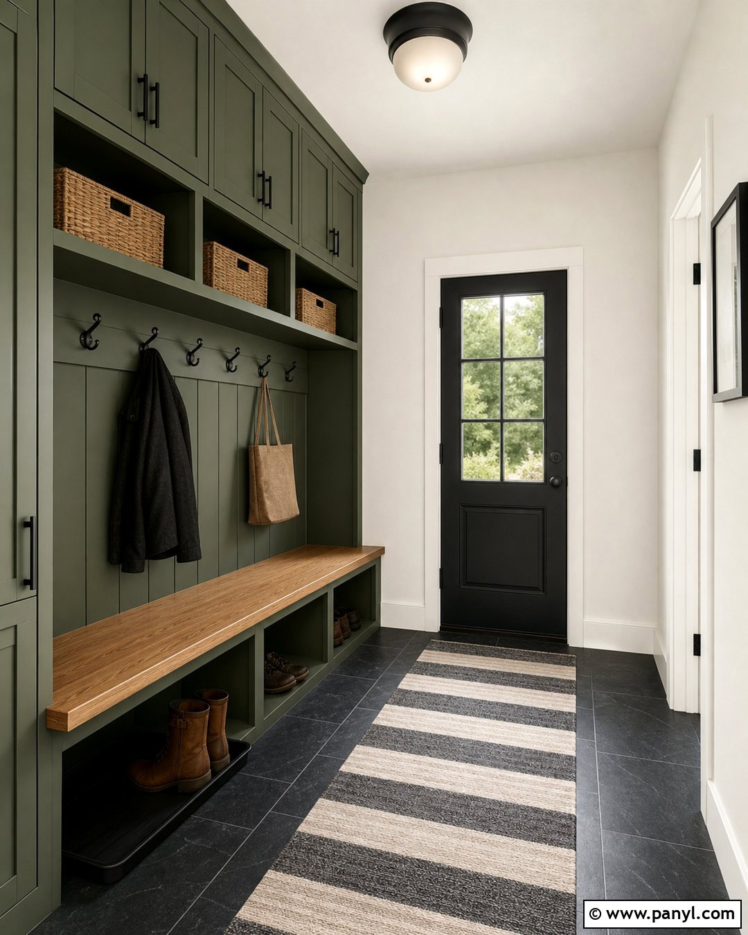 Pearly White Mudroom With Green Storage - 25 Pearly White Sherwin Williams Walls
