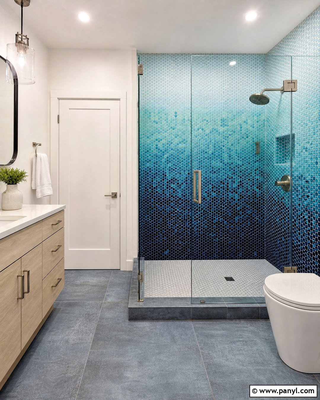 Penny Tile Gradient Bathroom Wall - 20 bathroom statement wall ideas