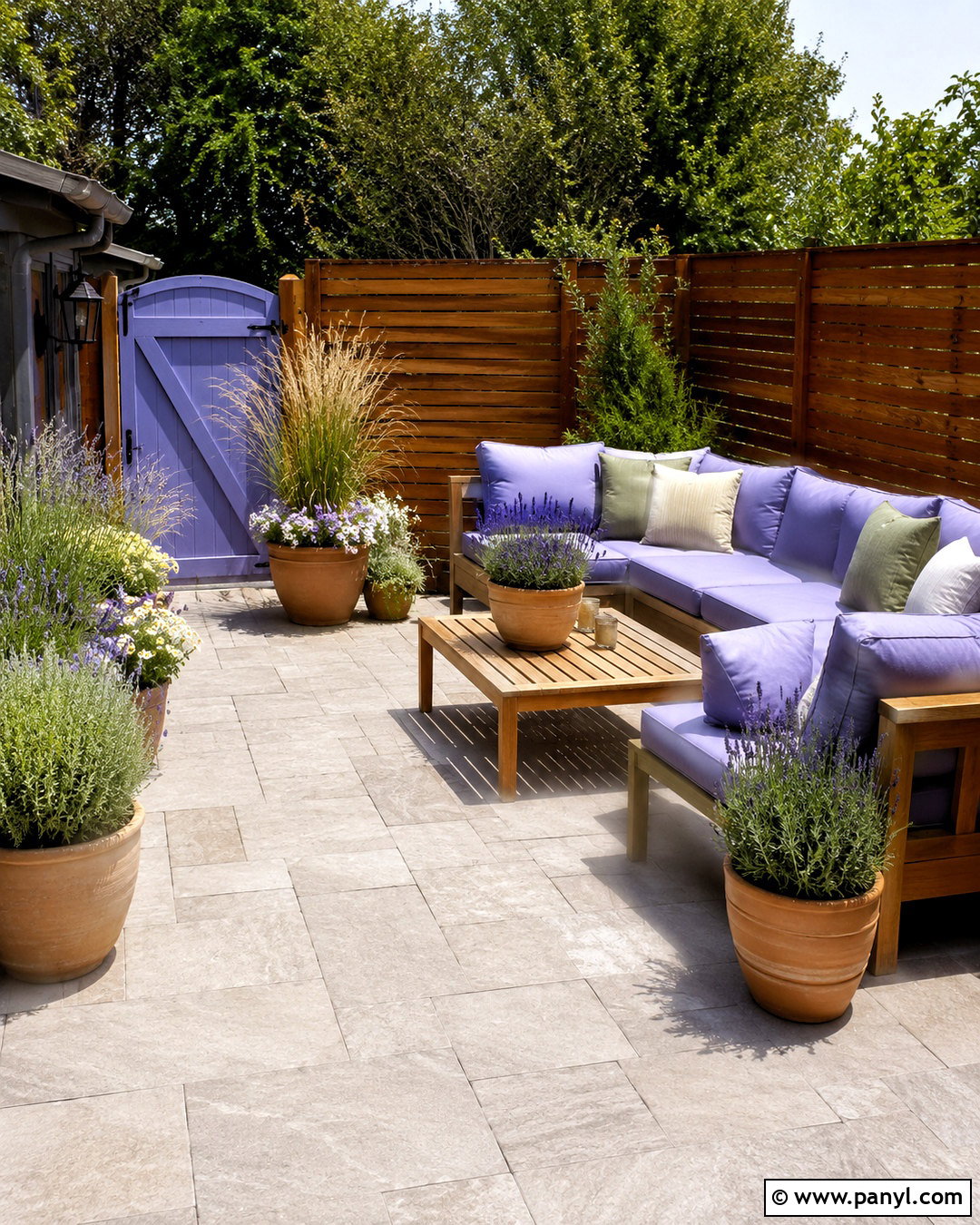 Periwinkle Blue Backyard Patio With Warm Wood - 20 periwinkle blue ideas