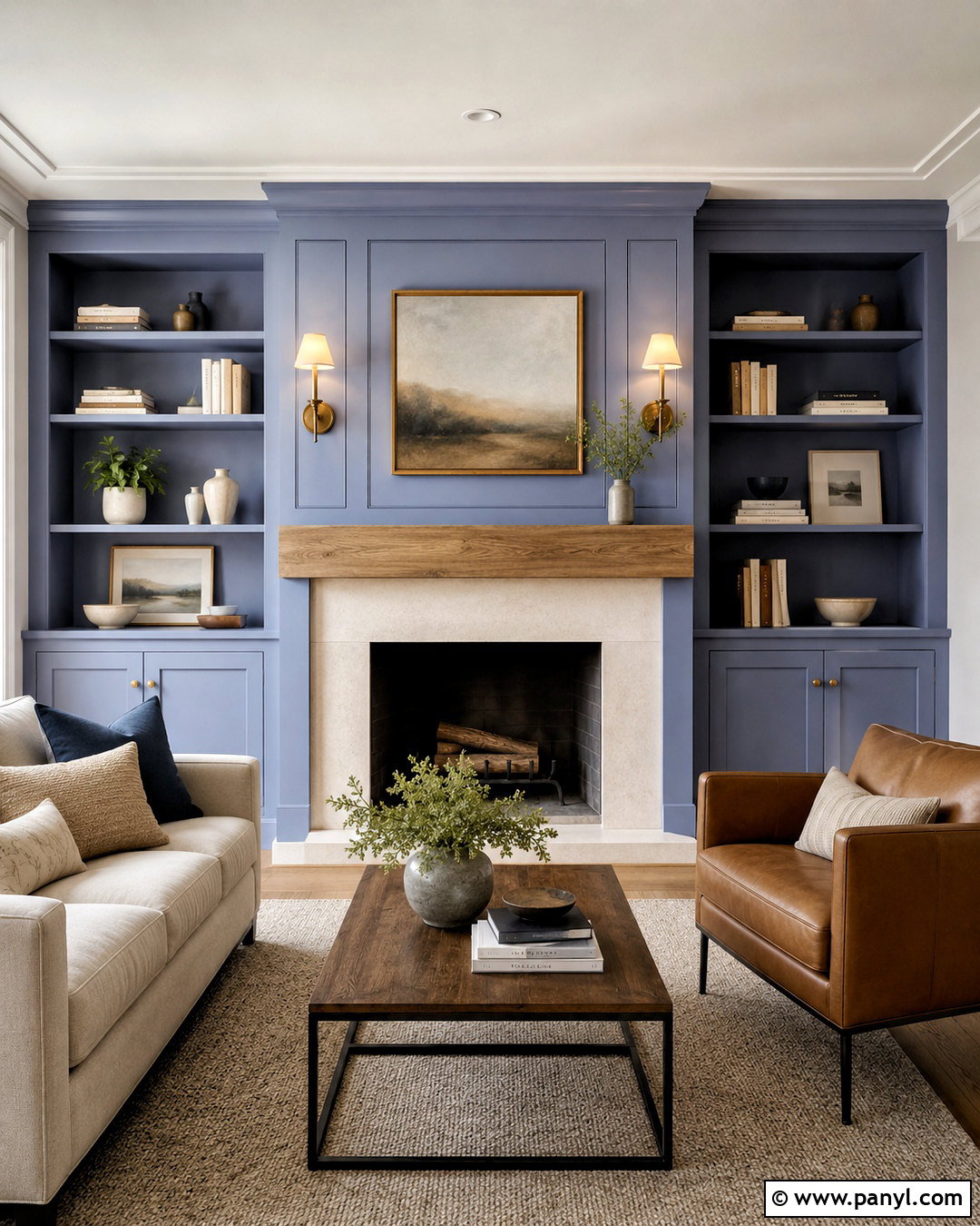 Periwinkle Blue Fireplace Wall With White Oak - 20 periwinkle blue ideas